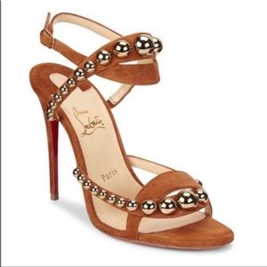 Christian Louboutin Tan Suede Galleria 100 Stud Sandal Heels Size 38.5